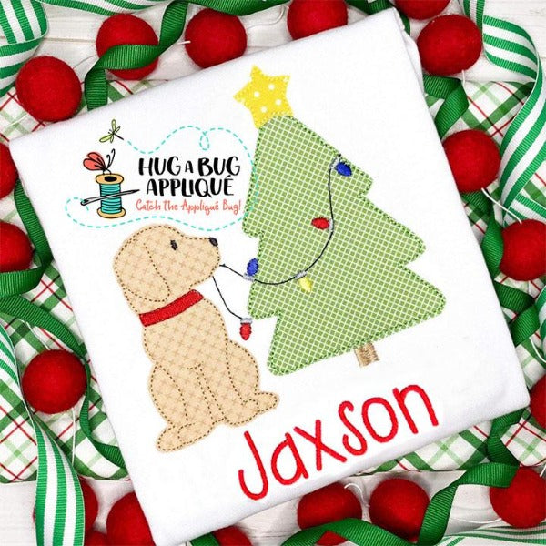 Pup Tree Lights Bean Stitch Applique Design, Applique