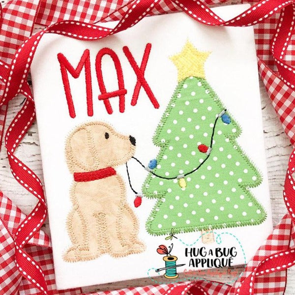 Pup Tree Lights Zig Zag Stitch Applique Design, Applique