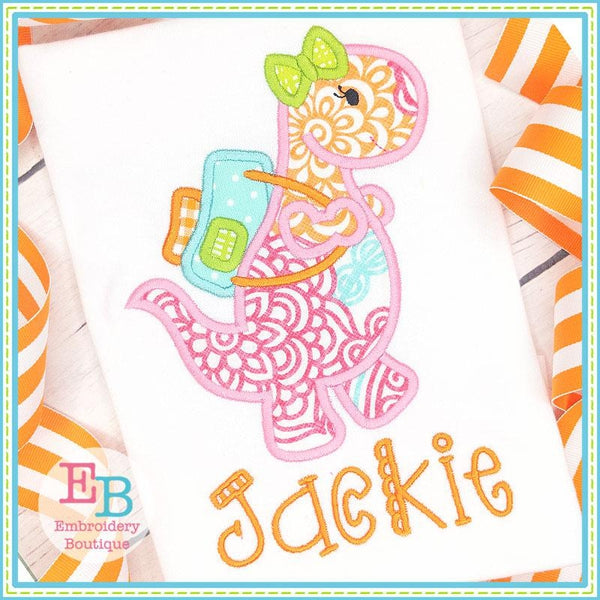 Dinosaur Girl With Backpack Satin Applique, Applique