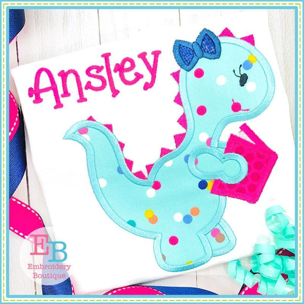 Reading Dinosaur Girl Satin Applique, Applique