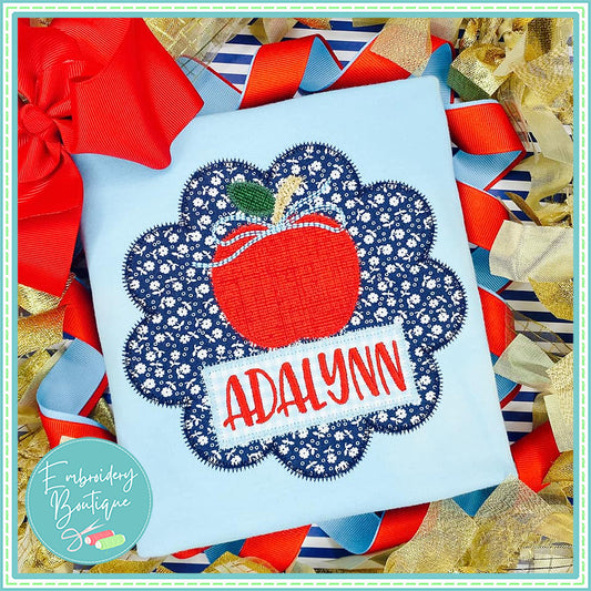 Apple Name Bow Circle Zigzag Applique, Applique, Embroidery Boutique