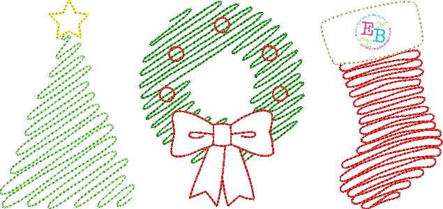 Scribble Tree Stocking Wreath Design, Embroidery