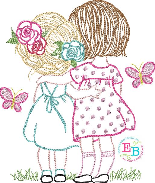 Sisters Butterflies Watercolor Embroidery Design, Embroidery