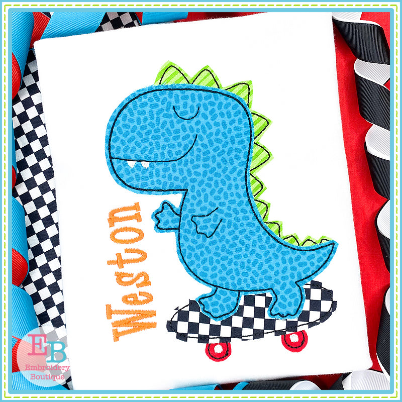 Skating Dino Bean Stitch Applique, Applique