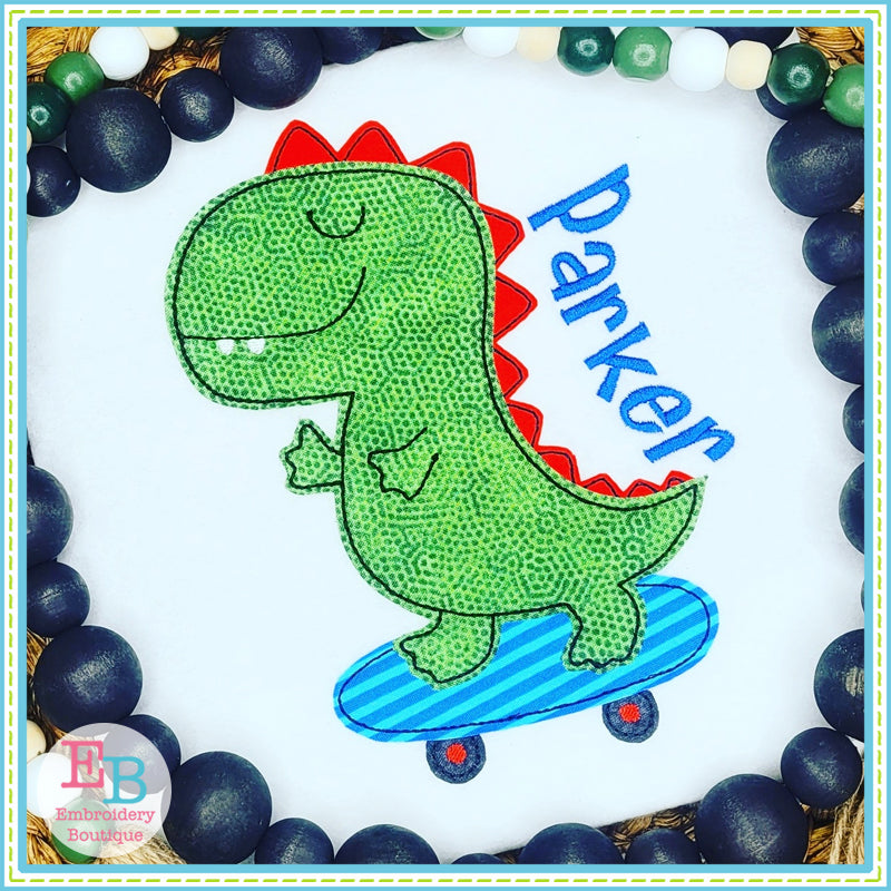 Skating Dino Bean Stitch Applique, Applique