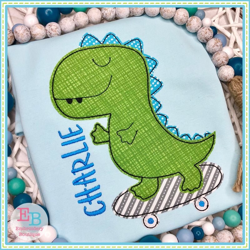 Skating Dino Bean Stitch Applique, Applique