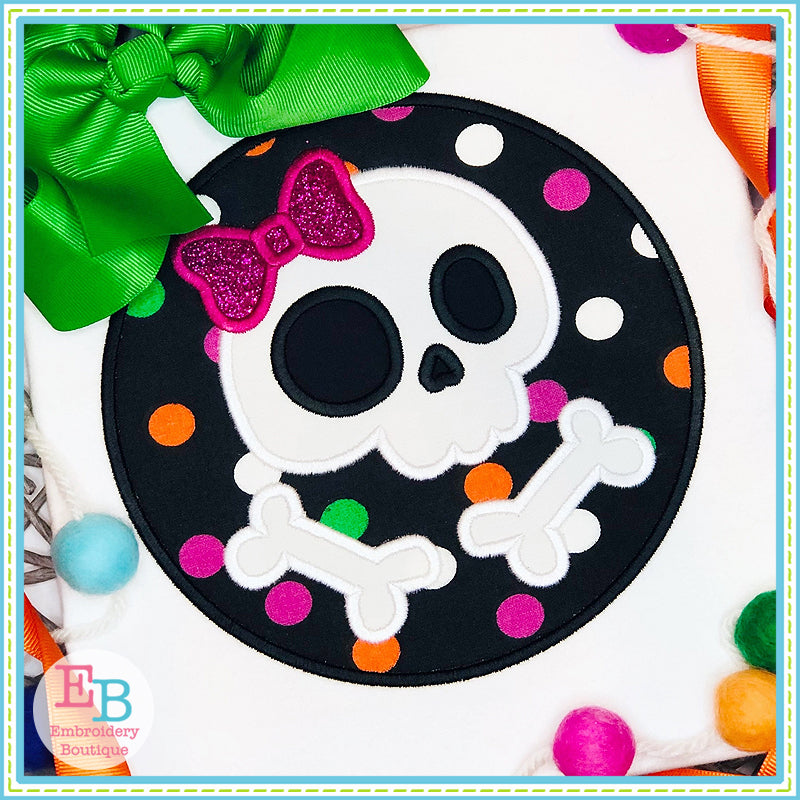 Skull Bones Bow Circle Satin Stitch Applique, Applique