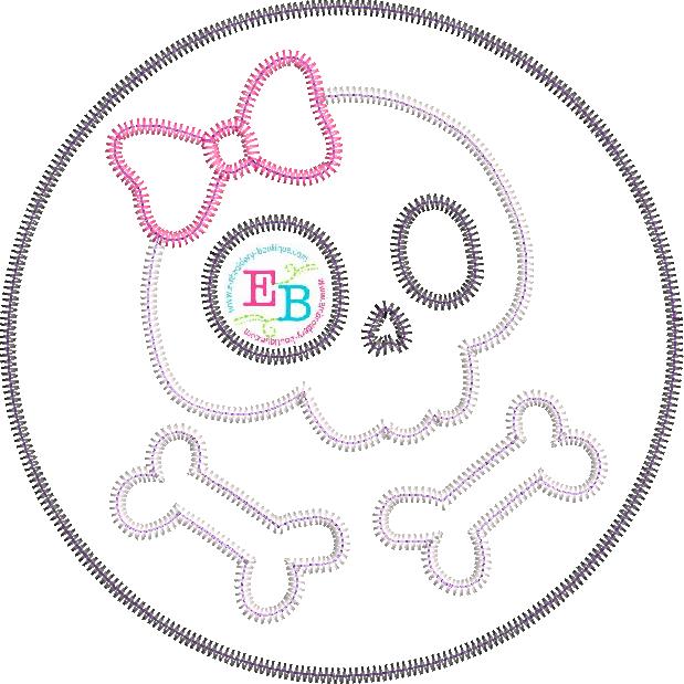 Skull Bones Bow Circle Zigzag Stitch Applique, Applique