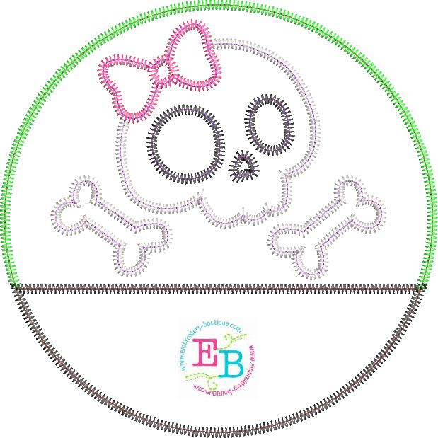 Skull Bones Bow Circle Split Zigzag Stitch Applique, Applique