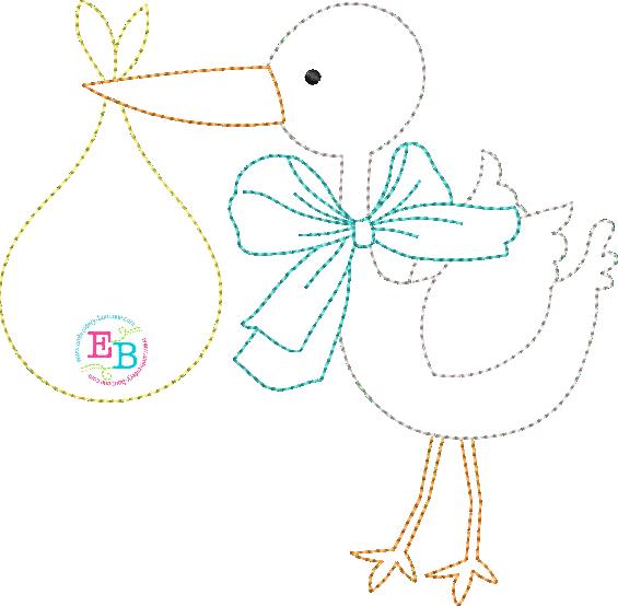 Stork Big Bow Bean Stitch Applique, Applique