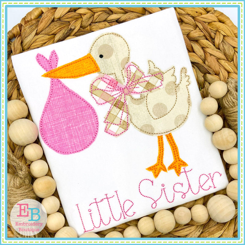 Stork Big Bow Bean Stitch Applique, Applique
