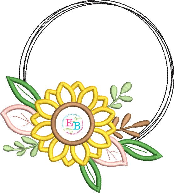 Sunflower Circle Frame Satin Stitch Applique, Applique