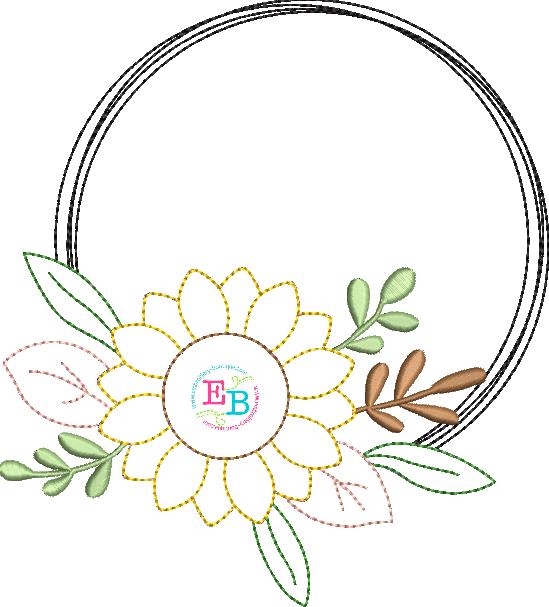 Sunflower Circle Frame Bean Stitch Applique, Applique