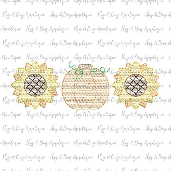 Sunflower Pumpkin Trio Sketch Stitch Embroidery Design, Embroidery