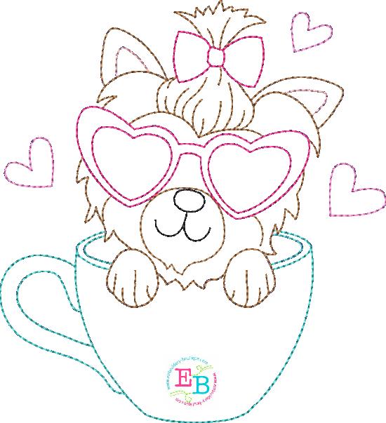Teacup Yorkie Heart Glasses Bean Stitch Applique, Applique