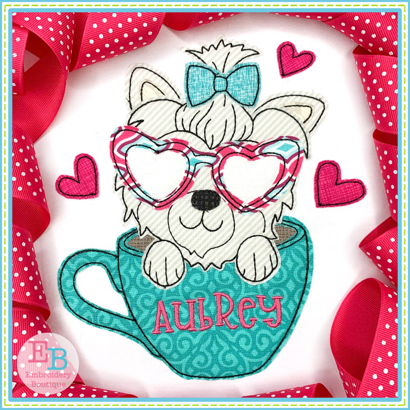 Teacup Yorkie Heart Glasses Bean Stitch Applique, Applique