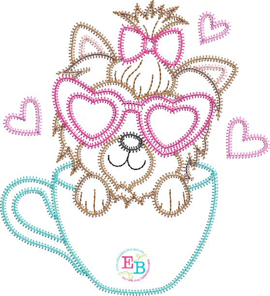 Teacup Yorkie Heart Glasses Zigzag Applique, Applique