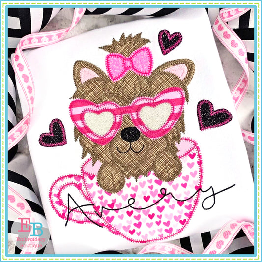 Teacup Yorkie Heart Glasses Zigzag Applique, Applique
