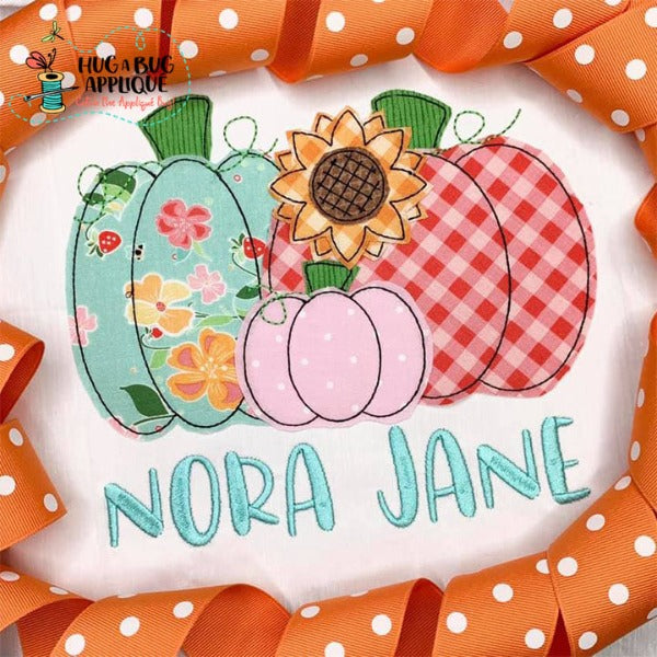 Trio Pumpkins Flower Bean Stitch Applique Design, Applique