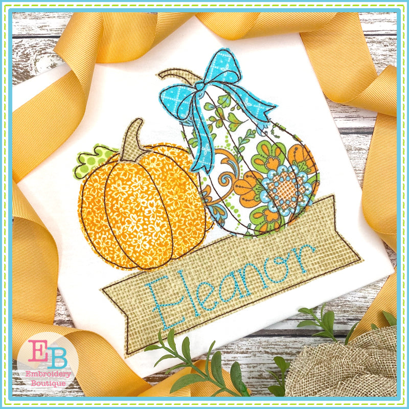 Pumpkin Banner Bow Bean Stitch Applique, Applique