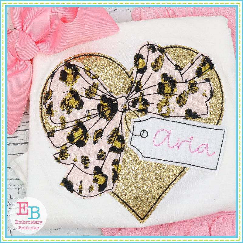 Valentine Heart Bow Tag Bean Stitch Applique, Applique