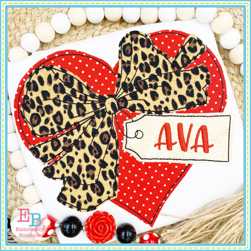 Valentine Heart Bow Tag Bean Stitch Applique, Applique