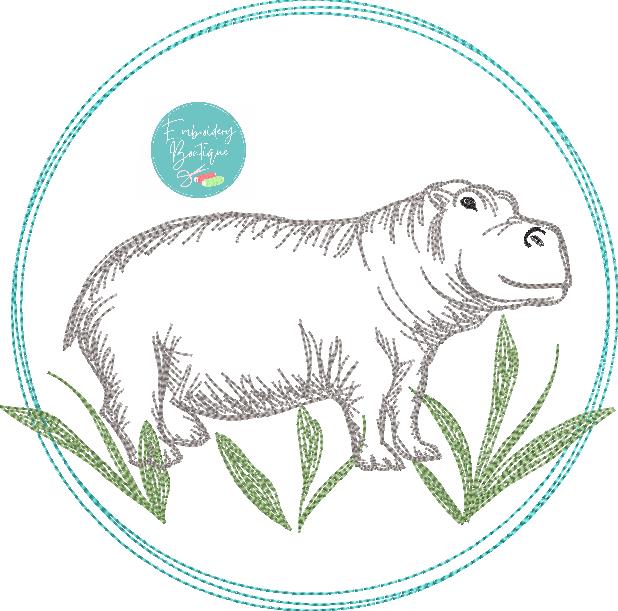 Hippo Circle Watercolor Embroidery Design, Embroidery, Embroidery Boutique