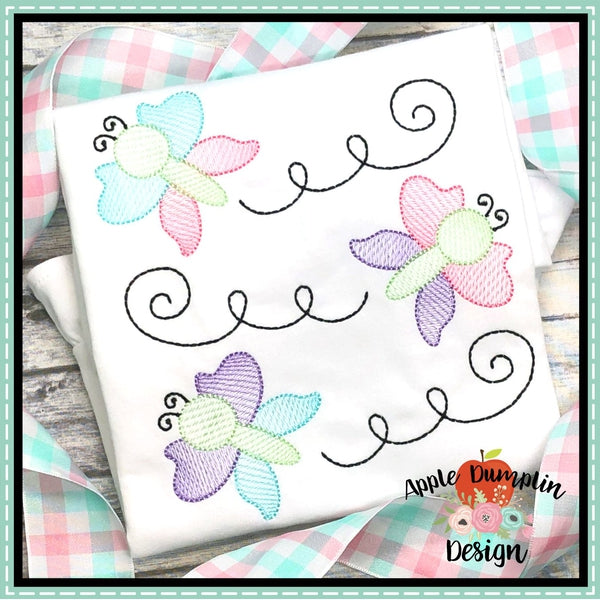 3 Butterflies Sketch Embroidery Design, applique