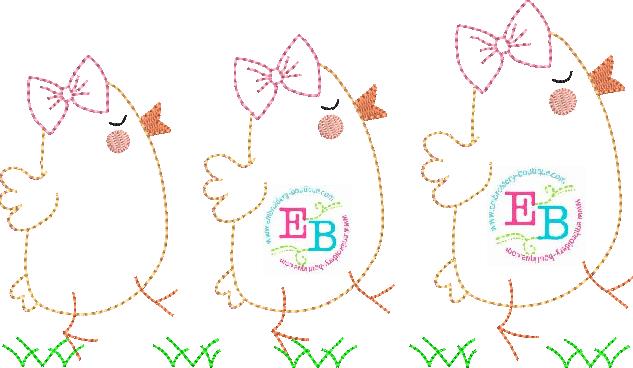 Three Chicks Bow Bean Stitch Applique, Applique