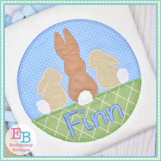 3 Bunnies Circle with Grass Applique, Applique