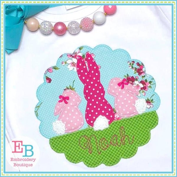 3 Bunnies Scallop with Grass Applique, Applique