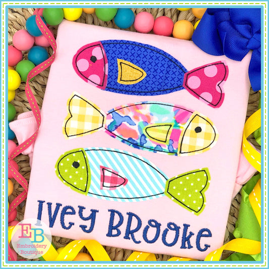 3 Fish In A Row Bean Stitch Applique, Applique