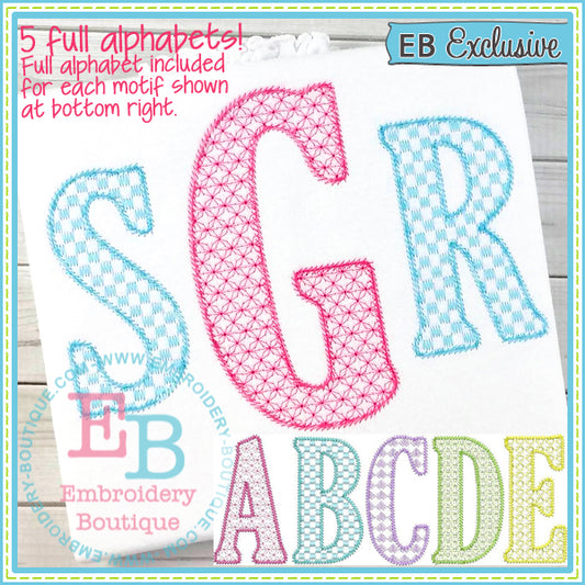 Sketch Capitals Set - Motif Fill Embroidery Font - 5 Full Alphabets, Embroidery Font