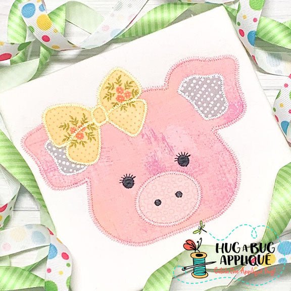 Pig Bow Zig Zag Stitch Applique Design, Applique