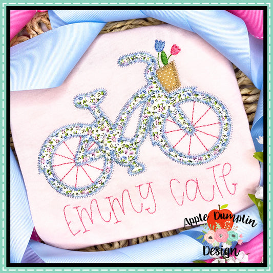 Bicycle with Flowers Zigzag Applique Design, Applique