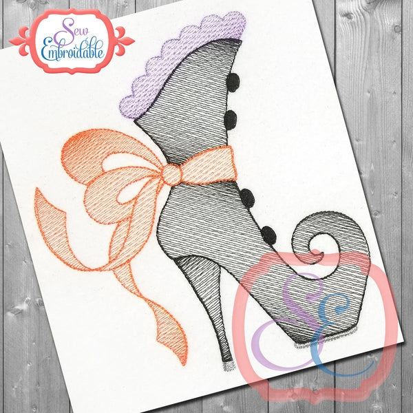 Big Bow Witch Boot Sketch Design, Embroidery