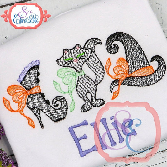 Boot Cat Hat Trio Sketch Design, Embroidery