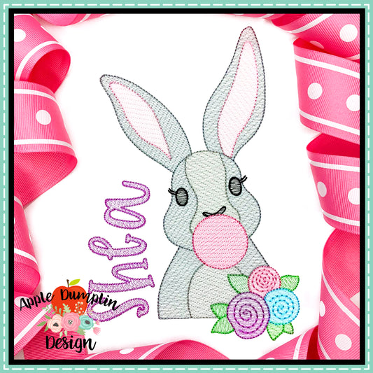 Bunny with Bubble Gum Girl Sketch Embroidery Design, Embroidery