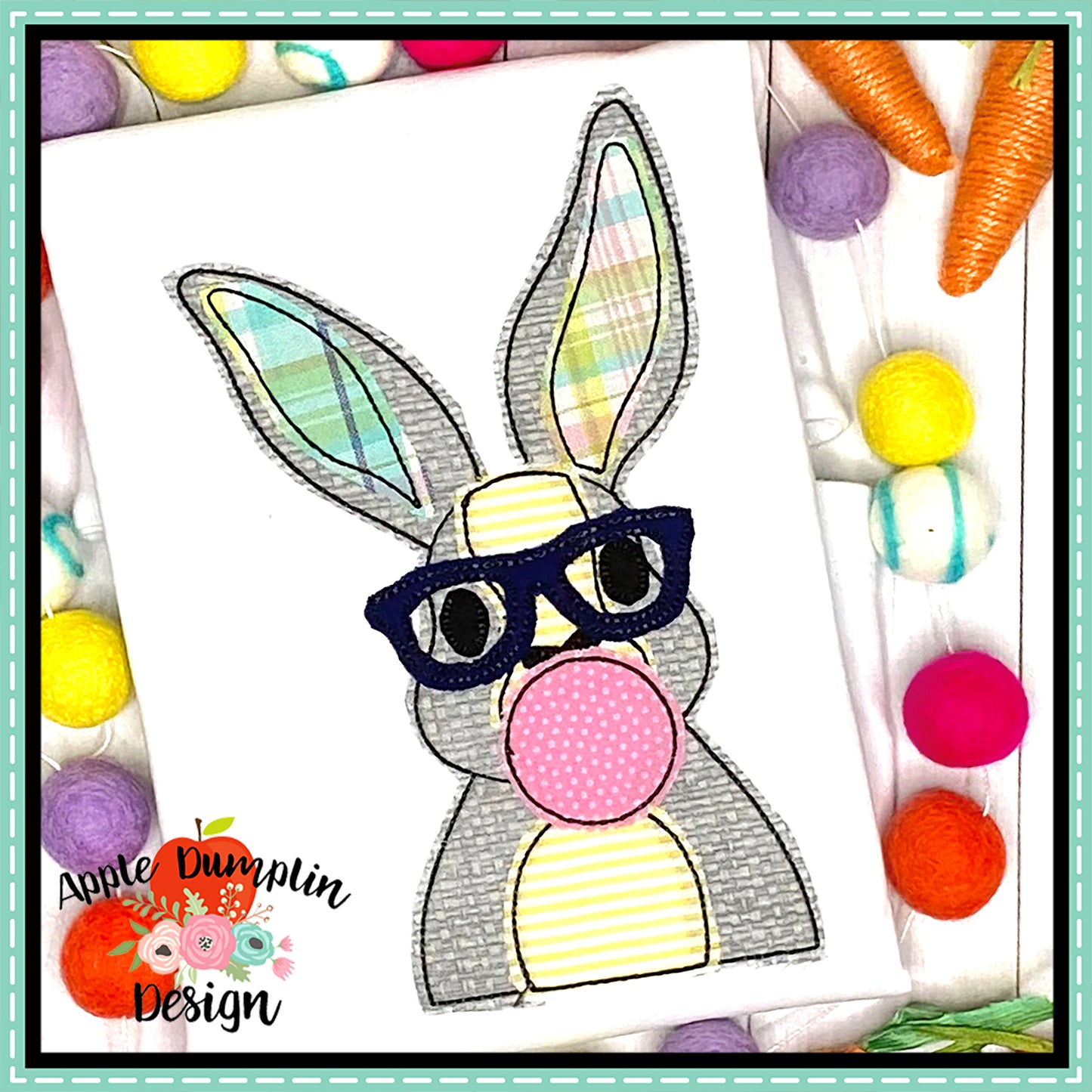 Bunny with Bubble Gum Glasses Bean Stitch Applique Design, Embroidery