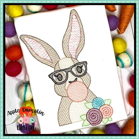 Bunny Bubble Gum Glasses Girl Sketch Embroidery Design, Embroidery