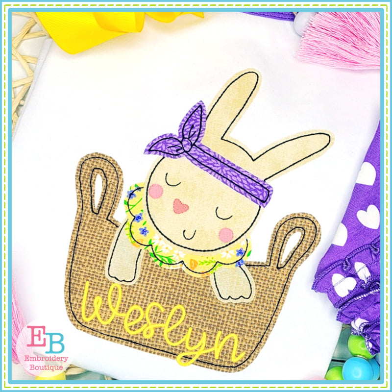 Bunny Girl Basket Bean Stitch Applique, Applique, Embroidery Boutique