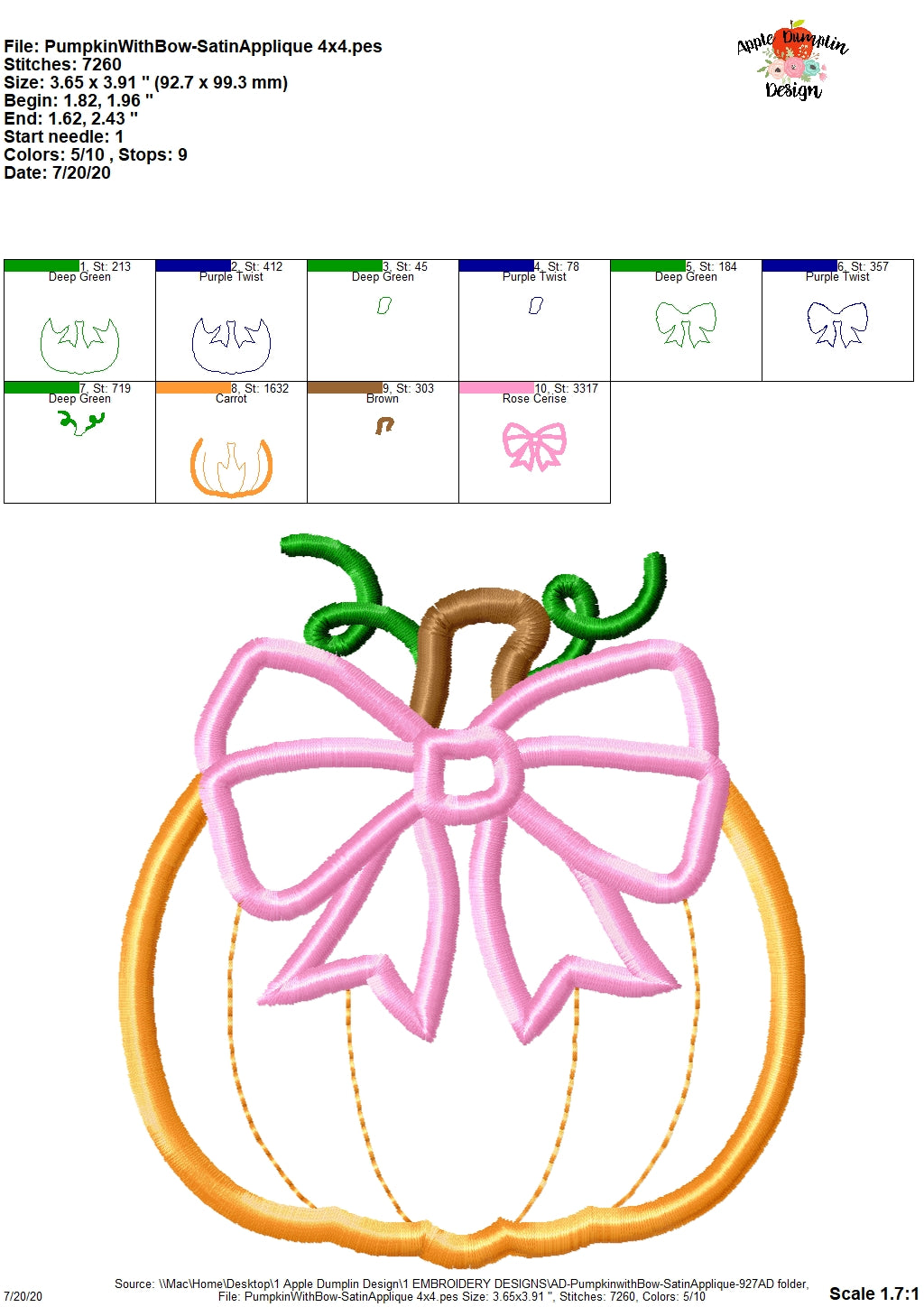 Pumpkin with Bow Satin Applique Design, Applique