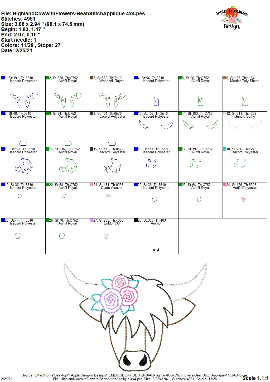 Highland Cow with Flowers Bean Stitch Applique Design, applique