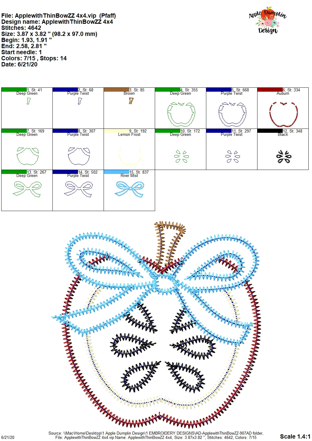 Apple with Bow Zigzag Applique Design, Applique