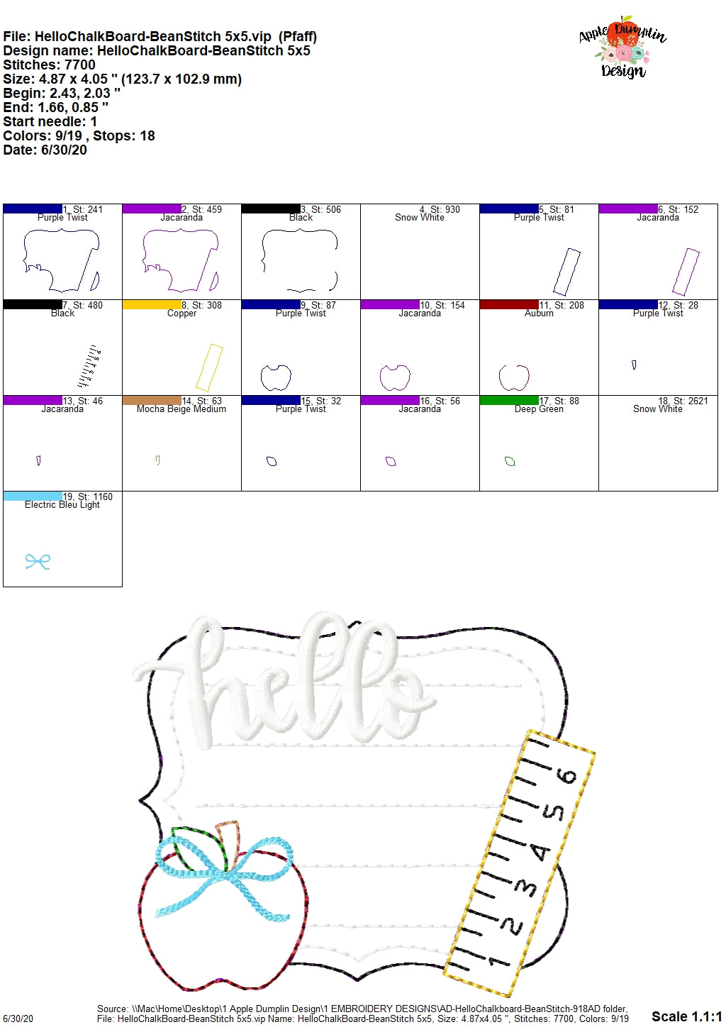 Hello Chalkboard Bean Stitch Applique Design, Applique