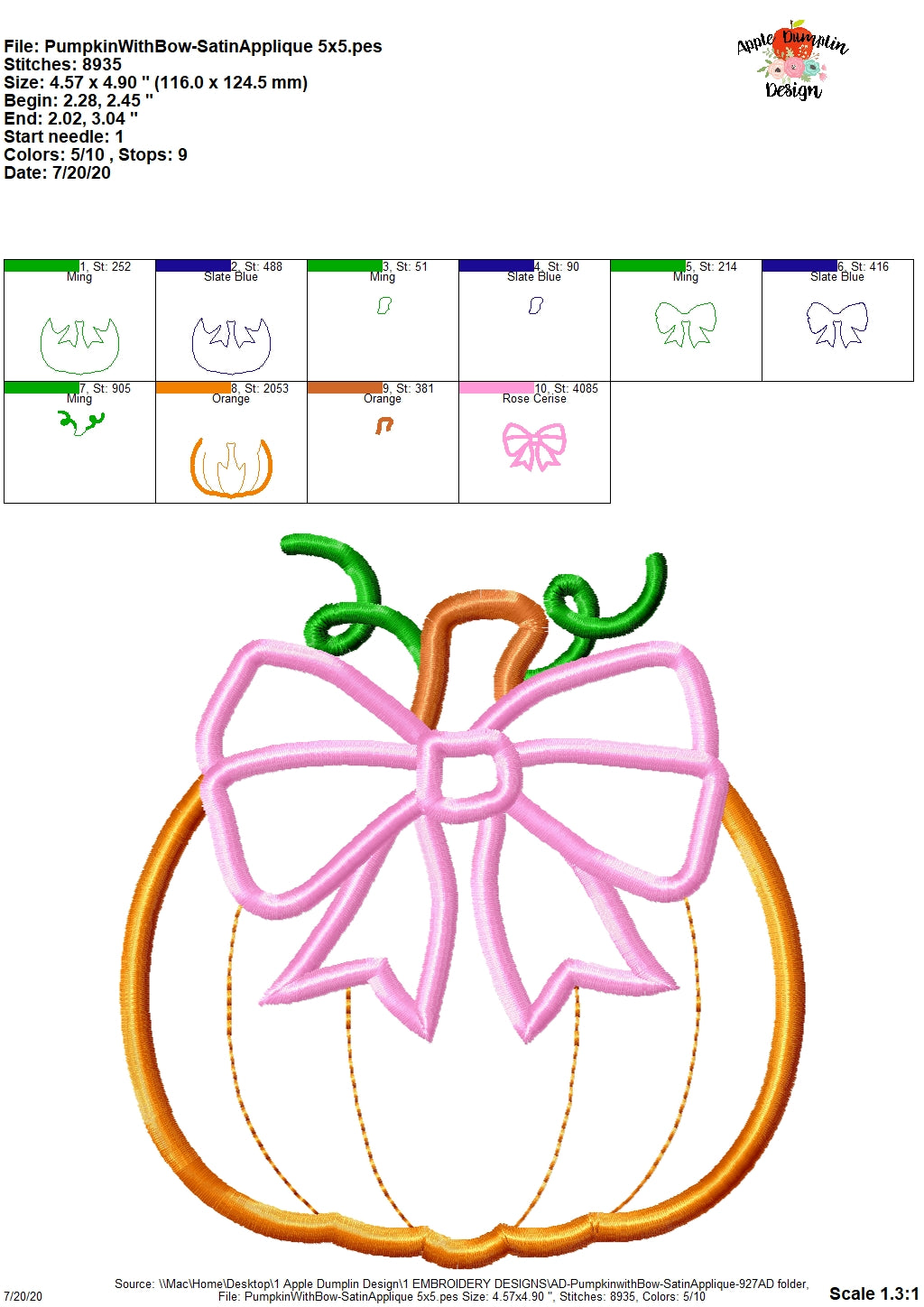 Pumpkin with Bow Satin Applique Design, Applique