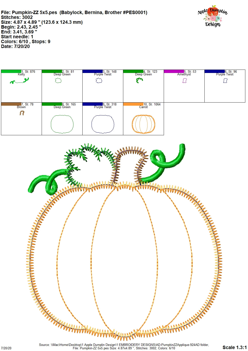 Pumpkin Zigzag Applique Design, Applique