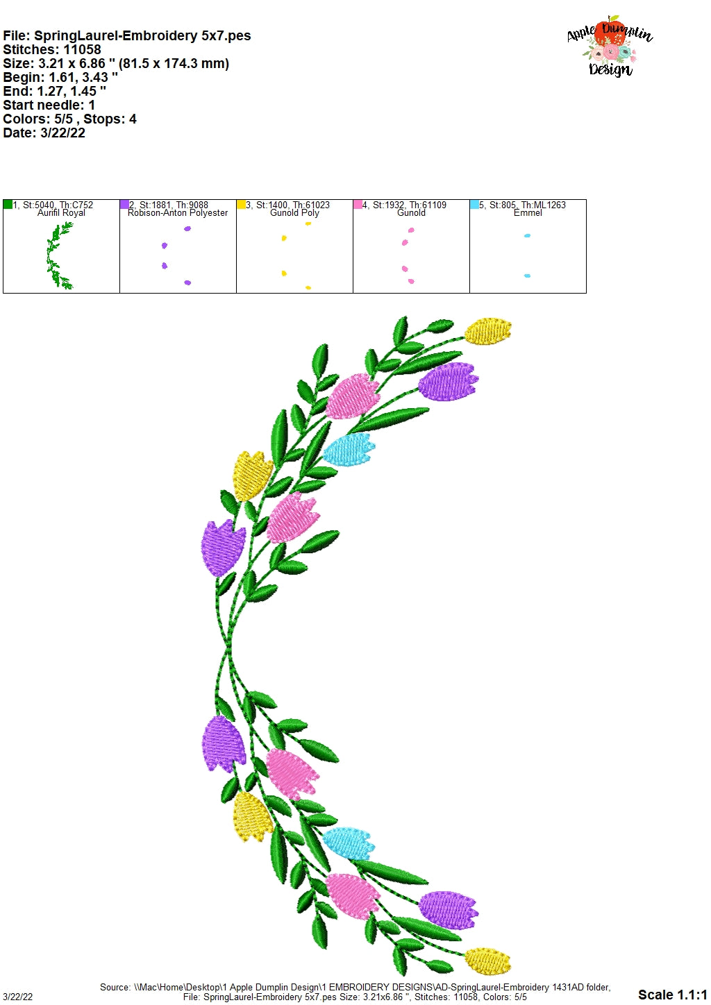 Spring Floral Laurel Embroidery Design, Embroidery