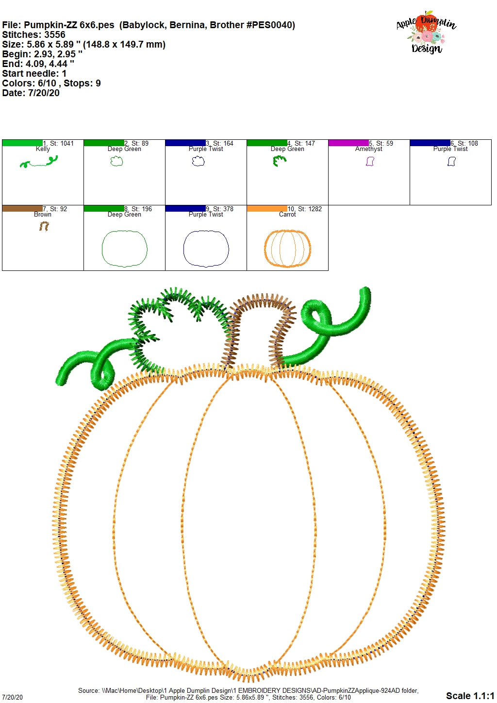 Pumpkin Zigzag Applique Design, Applique
