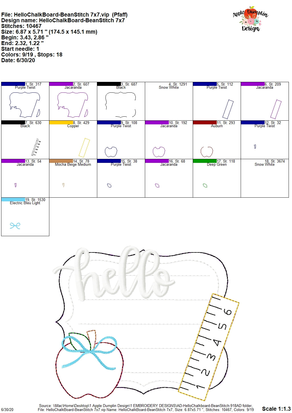 Hello Chalkboard Bean Stitch Applique Design, Applique